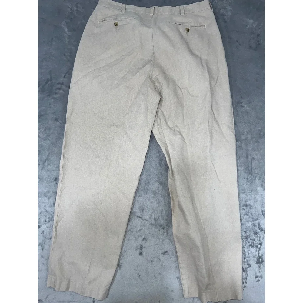 Roundtree & Yorke Gold Label Mens 34x30 Linen Cotton Pleated Khaki Pants Tan